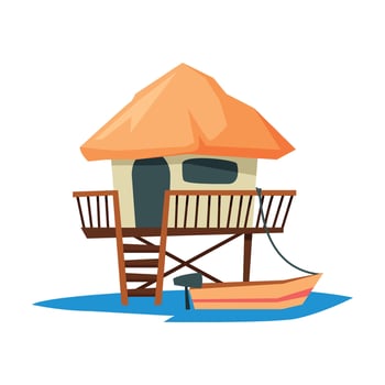 Tropical Beach Bungalow on Water, Summer Vacation Wooden Cabin with Straw Roof and Boat Illustration vector