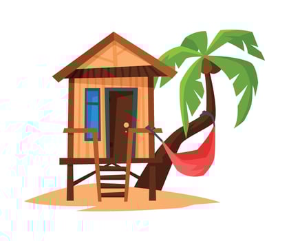Tropical Beach Bungalow on Coast of Sea or Ocean, Beach Wooden Hut for Summer Vacation Illustration vector