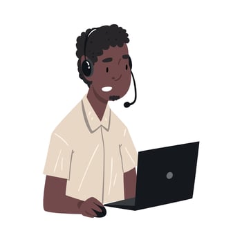 Call Center Operator, Male African American Customer Support Service Assistant with Headset, Help Desk, Online Technical Support Illustration vector