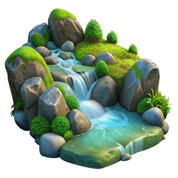 unparalleled minimalist A crystal clear stream cascading over moss covered rocks in a sun dappled forest. Hyperrealistic, detailed textures, vibrant colors top tier png