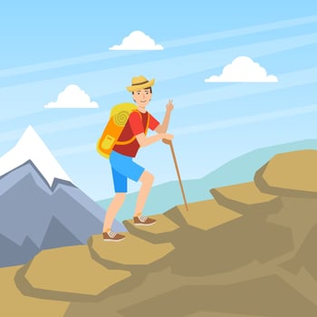 Cheerful Male Tourist Hiking on Nature, Man in Outdoor Mountain Landscape, Summer Holidays Adventure and Exploration illustration vector