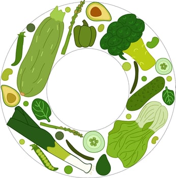 Green vegetable Circle round frame flat illustration. art for food design, recipe, cook book, packages, menu, food ads and decor Eat green vector
