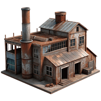 mesmerizing classic An abandoned industrial factory, rusted metal and broken windows, dim lighting, gritty realism, decaying urban landscape, post apocalyptic feel expertly shot png
