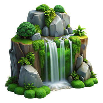 acclaimed rustic A waterfall cascading down mossy rocks, lush green foliage, tranquil and serene, long exposure photography, perfect clarity png