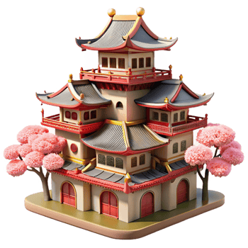 dramatic distinctive A traditional Japanese castle, ornate details, cherry blossoms in bloom, springtime atmosphere, historical style, png