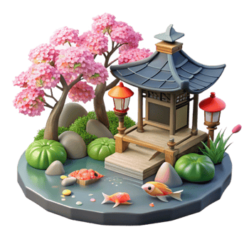mysterious impressive A traditional Japanese garden with a koi pond, stone lanterns, cherry blossoms, serene atmosphere, peaceful, handcrafted png