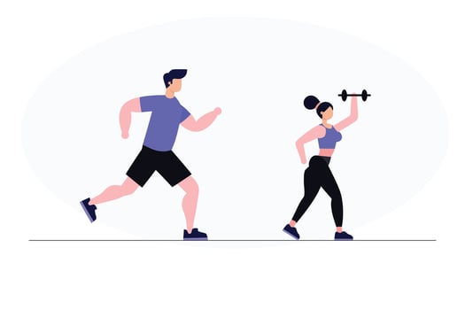 A man and woman are running together with dumbbells vector