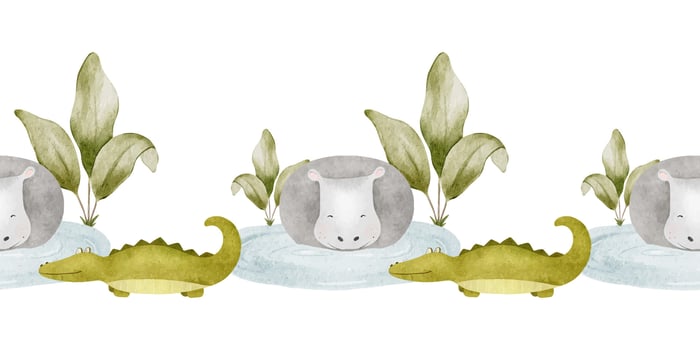 Seamless border of cute baby crocodile, hippopotamus, lake and p vector