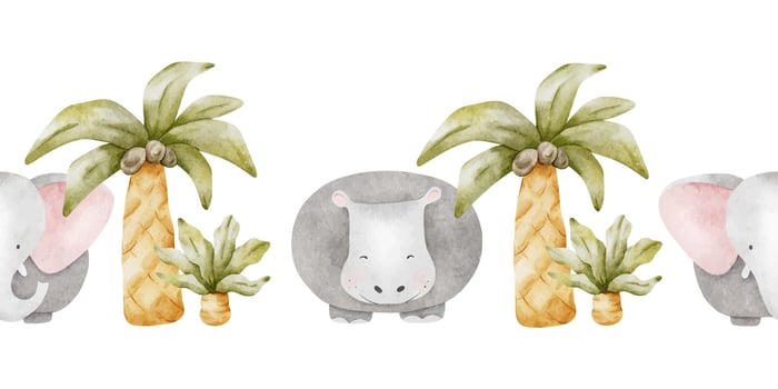 Seamless border of safari animals hippopotamus and elephant amon vector