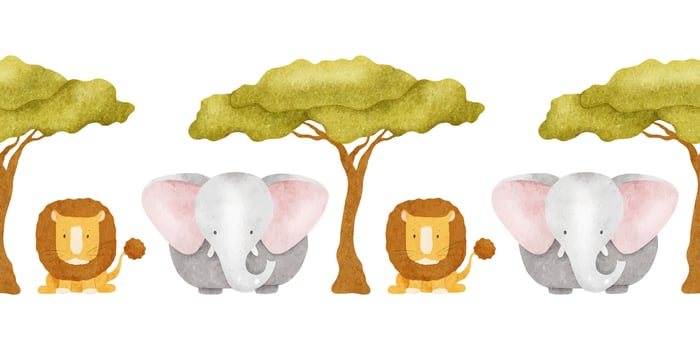 Jungle animals like lion, elephant and tropical trees. Isolated vector