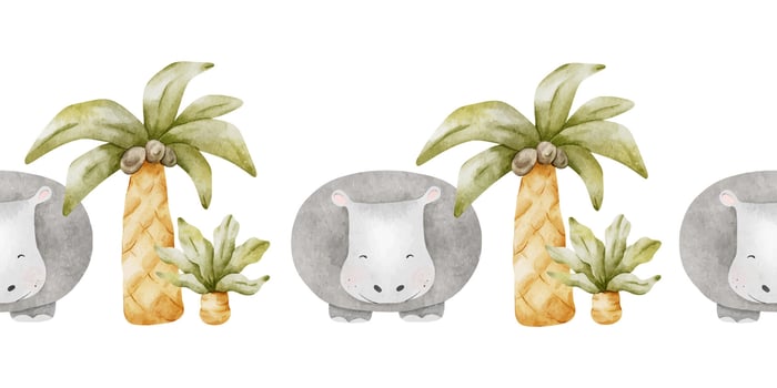 Seamless border with hippopotamus among palm trees. Isolated han vector