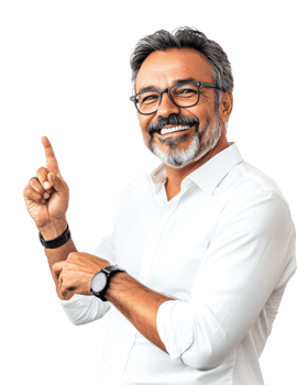 A man with glasses and a beard is pointing at something png