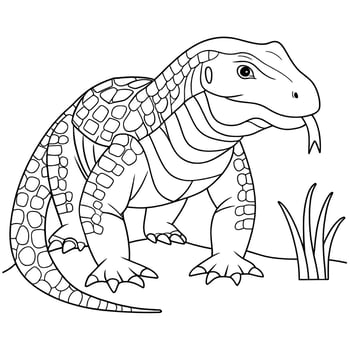 A captivating, black and white illustration of a Komodo dragon, perfect for coloring books or educational resources. vector