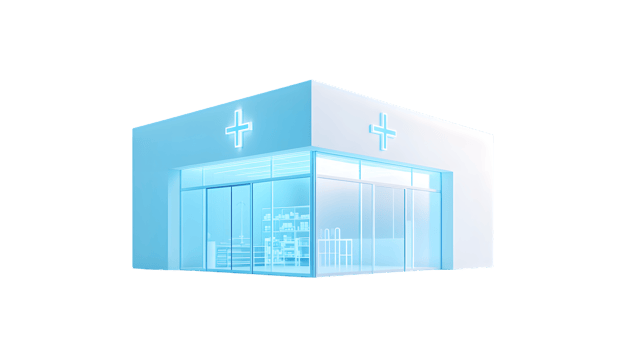 Modern Medical Facility with Blue and White Exterior Design Featuring Cross Symbols and Large png