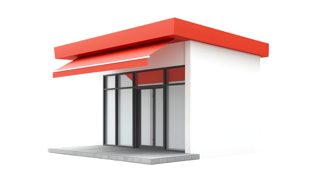 Modern Minimalist Storefront with Red Awning and Glass Doors png
