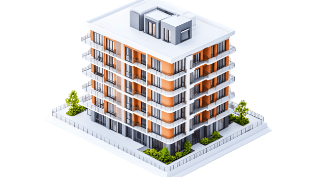 Modern Residential Building with Balconies and Rooftop Design png