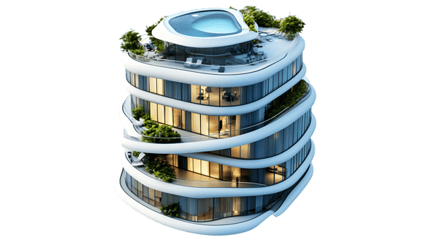 Modern Spiral Architecture with Rooftop Pool and Greenery png