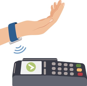 Contactless payment by smartwatch. Payment terminal for smartwatch, electronic wireless readers. Hand drawn illustration. vector