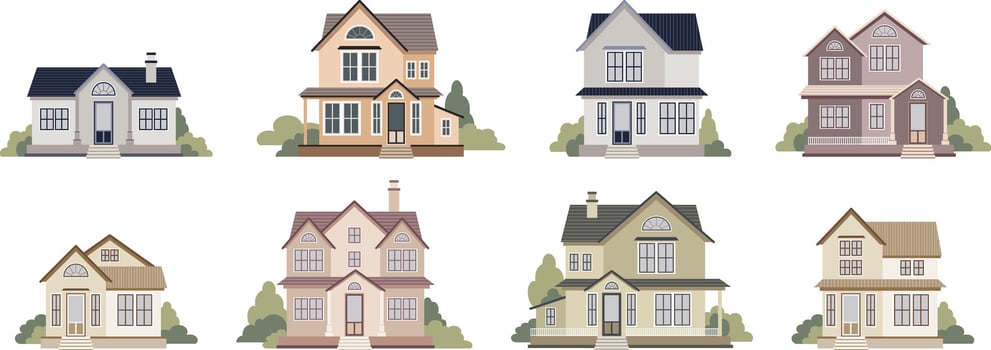 Set of houses on isolated white background for use in media or community maps. Homes and houses exteriors. Hand drawn flat illustration vector