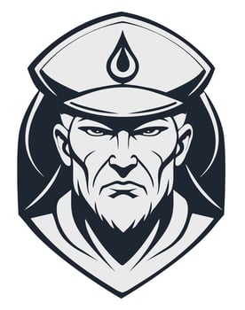 Vintage-style illustration of front-facing sailor with a rugged beard and classic sailor hat. The design is perfect for maritime-themed artwork, tattoo inspiration, apparel, and retro-style branding. vector