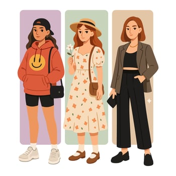 Three Fashionable Young Women Representing Various Styles and Trends vector