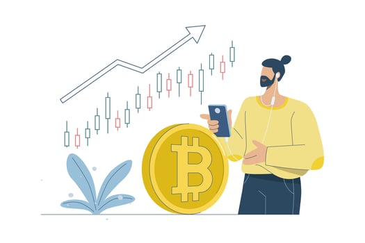 Male investor trading bitcoins via website or application, Bitcoin investment, Opportunity to make profit from digital currency, Modern innovative investment options, Flat design illustration. vector
