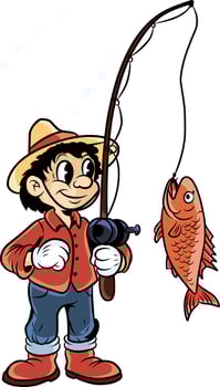 cartoon illustration of strawhat fisherman caught big red fish vector