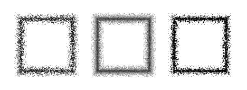 Black stippled square frame set. Dotted gradient border collection. Square picture holders for banner, copy space, collage, emblem, poster, template, box. Stipple frame element bundle vector