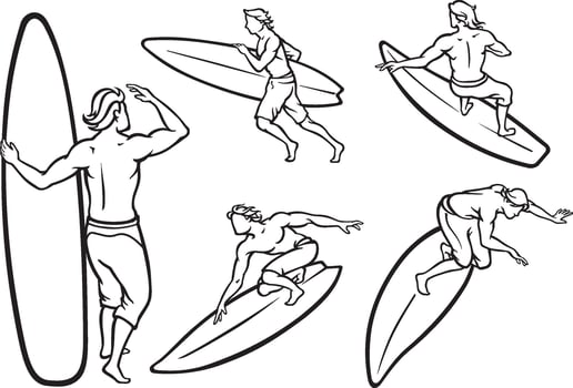 Male Surfer, Line Art Set vector