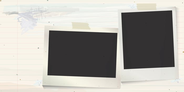 Both of blank old instant photograph stick on used old notebook paper horizontal background with stained effect graphic illustration. vector