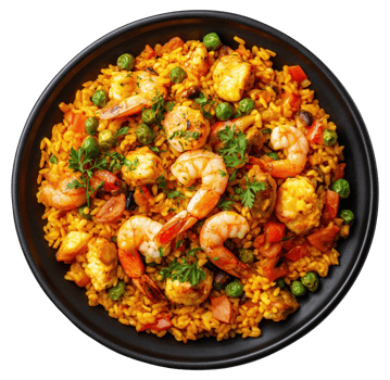 Bowl with paella with shrimps, isolated on transparent background png