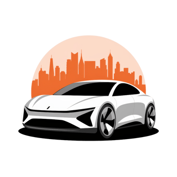 Sleek white futuristic car against orange city skyline isolated on transparent background png