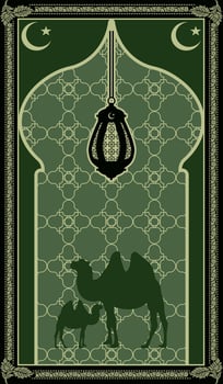 Green prayer mat with camels vector