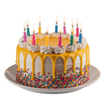 Celebration cake with colorful candles sweet icing and festive sprinkles isolated on transparent background png