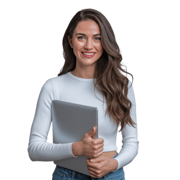 Smiling woman in casual attire holding laptop ready to work or study on the go png