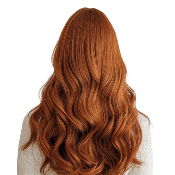 Back view of wavy long auburn hair with a slight sweater over the shoulders isolated on transparent background png