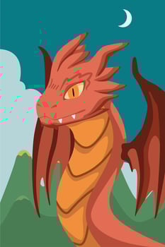 A cartoon dragon with orange wings and a moon in the background vector