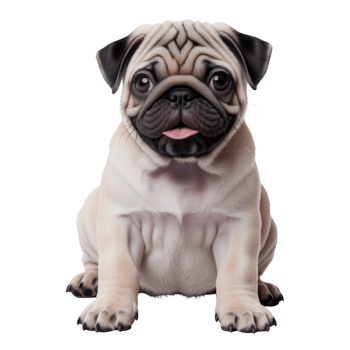 Adorable pug puppy with expressive eyes and tongue sticking out isolated on transparent background png