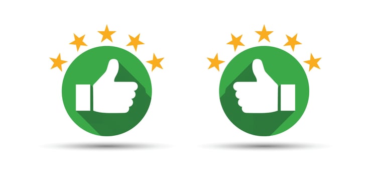 Two Green Thumbs Up Icons with Shadow Five Stars Rating. vector