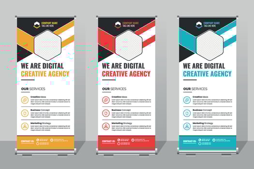 Business roll up banner template,Creative Agency Display Banners Showcasing Services and Branding in Vibrant Colors vector