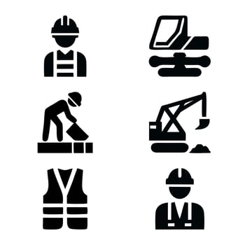 Features a collection of black and white construction worker and equipment icons, suitable for use in websites, presentations, or documents vector