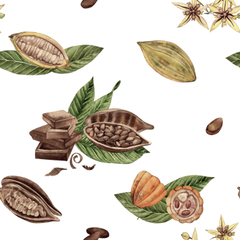 Seamless pattern with pieces of chocolate, fruits, grains, leaves of the cocoa tree. The watercolor illustration with whole and cut cocoa beans is hand-drawn. For wallpaper design, textiles, packaging png