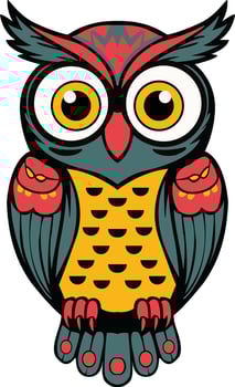 an owl with big eyes and a red and yellow feather vector