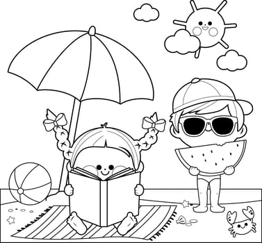 Children at the beach reading a book and eating a slice of watermelon under a beach umbrella. Kids on a summer vacation island. Black and white coloring page. vector