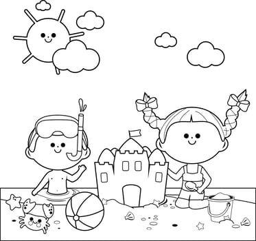 Children at the sunny beach swimming and building a sandcastle. Kids at the sea on a summer vacation island. Black and white coloring page. vector