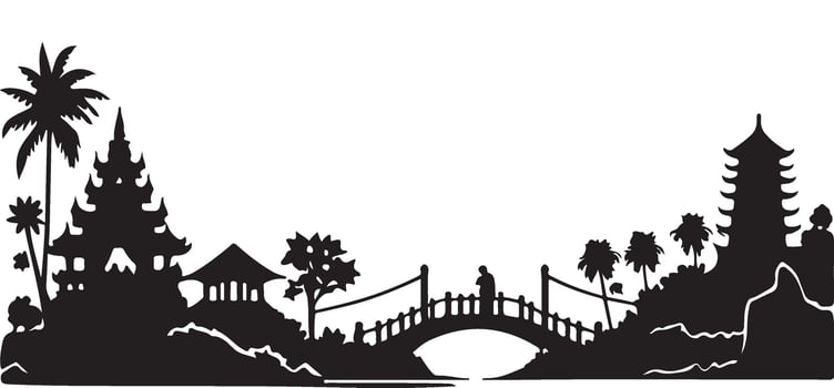 Asian Landscape Silhouette Design with Pagodas and Bridges vector