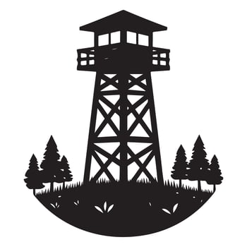 Silhouette fire lookout tower on hilltop with trees graphic vector