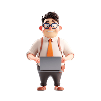 A cartoon man with glasses and tie holding a laptop png