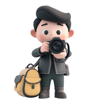 A cartoon boy holding a camera and a backpack png