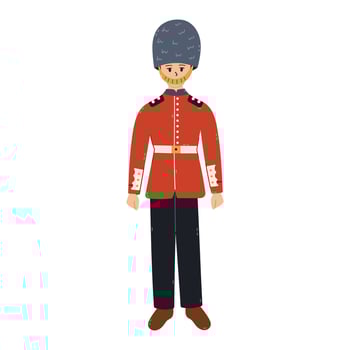 Lovely cartoon standing British guard of Queen, royal family at Buckingham Palace in traditional uniform, fur bearskin hat. Trendy hand drawn England soldier during service isolated on background. vector